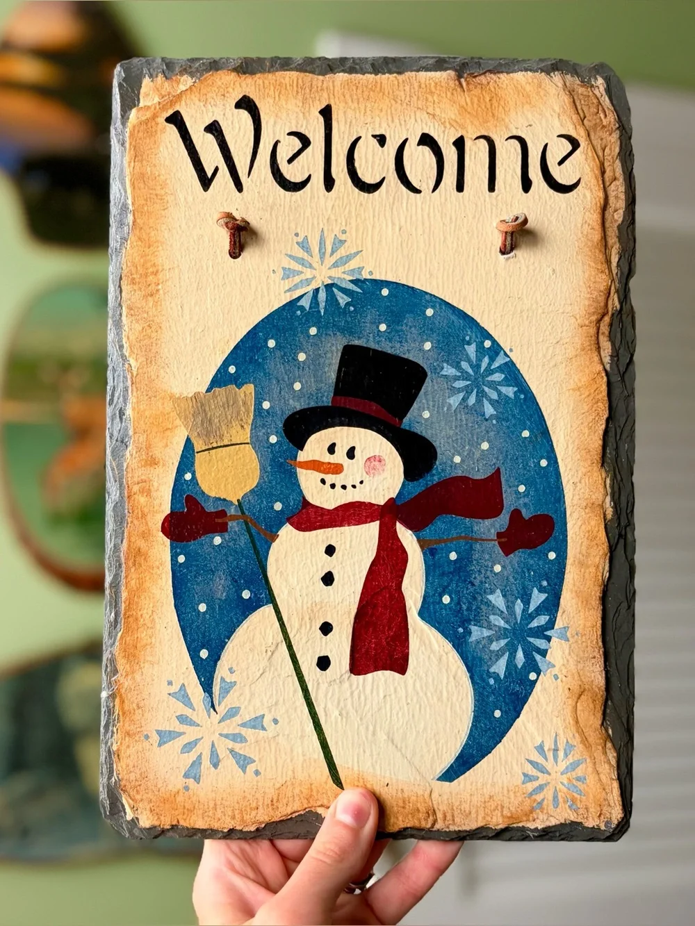 Vintage Rustic Winter Festive Welcome Snowman Decorative Slate Plaque